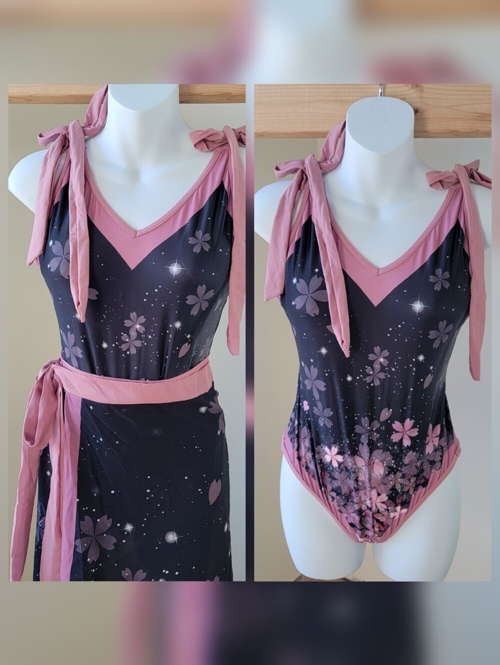 New Floral Tie-Shoulder One-Piece Swimsuit in Pink and Black Size Large